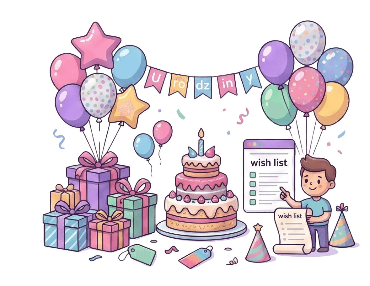 Ilustracja: dziecko z listą życzeń obok tortu urodzinowego